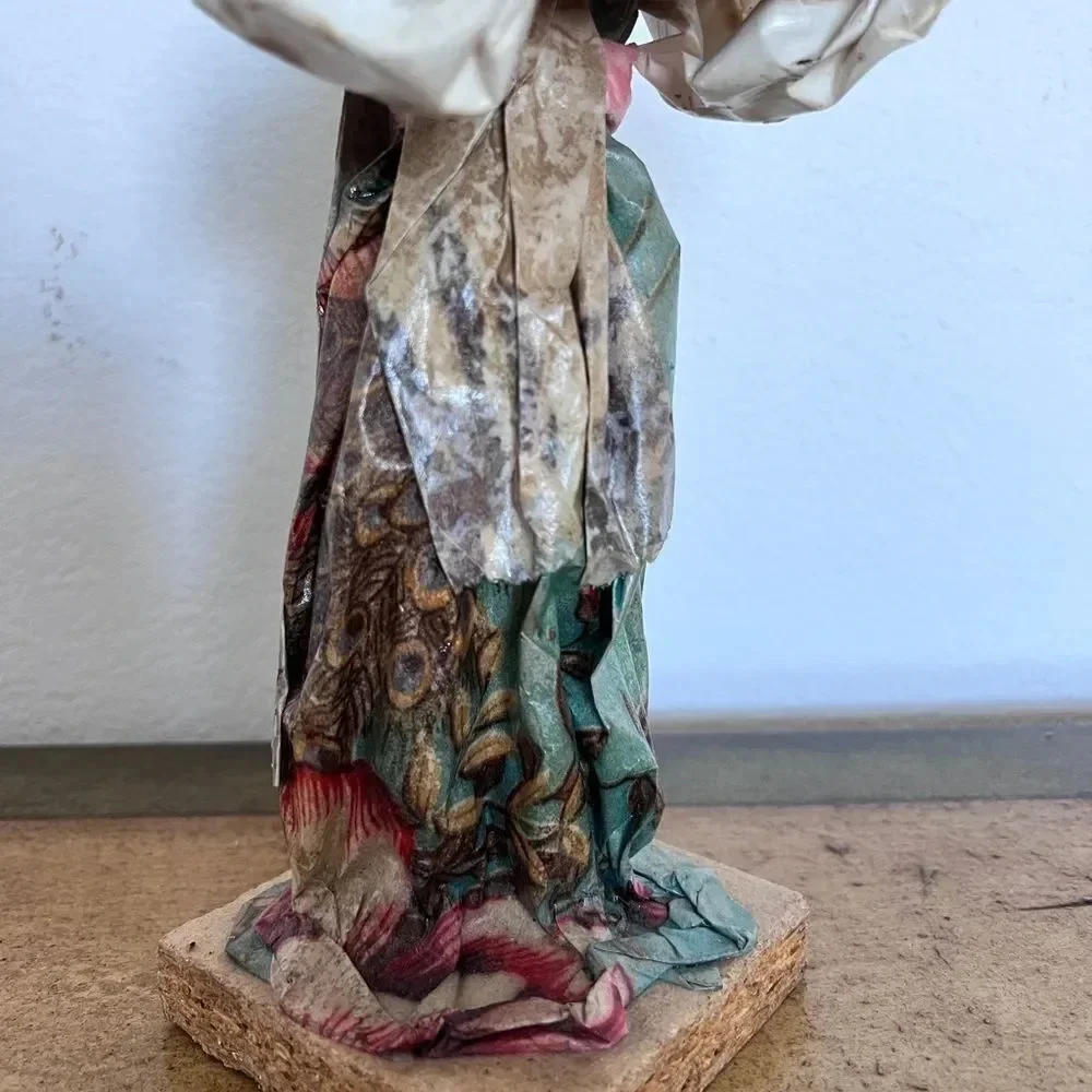 Paper Mache Old Woman Carrying‎ Beans in a Basket Crate Folk Art Figure size 12”